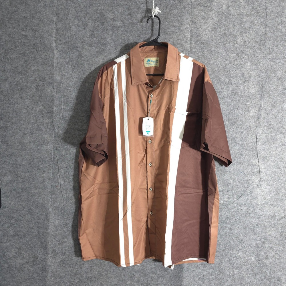 Royaura Hawaiian Shirt Mens 4XL Brown White Striped Short Sleeve Button Down New